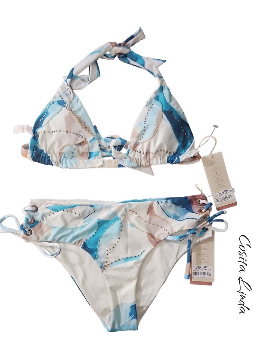 NWT Cosita Linda Blue Oceans Beaded Halter Bikini Set Top sz L/XL  Boho Resort